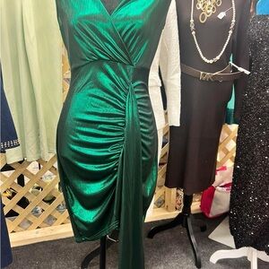 Emerald Green Draped Faux-Wrap Dress